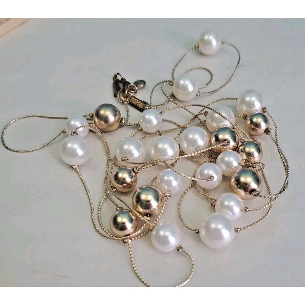 Vintage RMN Signed Gold Tone Double Strand Long Floating Pearl Necklace Station